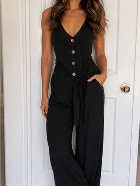 Black V-Neck Button Front Jumpsuit